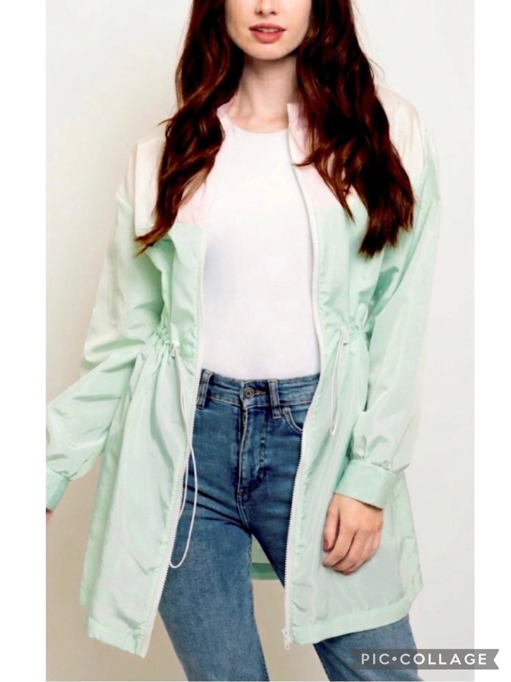 O & O Molly Mint Green Colorblock Windbreaker Drawstring Waist Jacket NWOT L